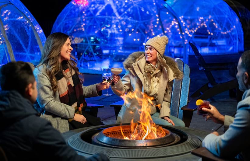 mv_A group of friends by a fire outside of an igloo